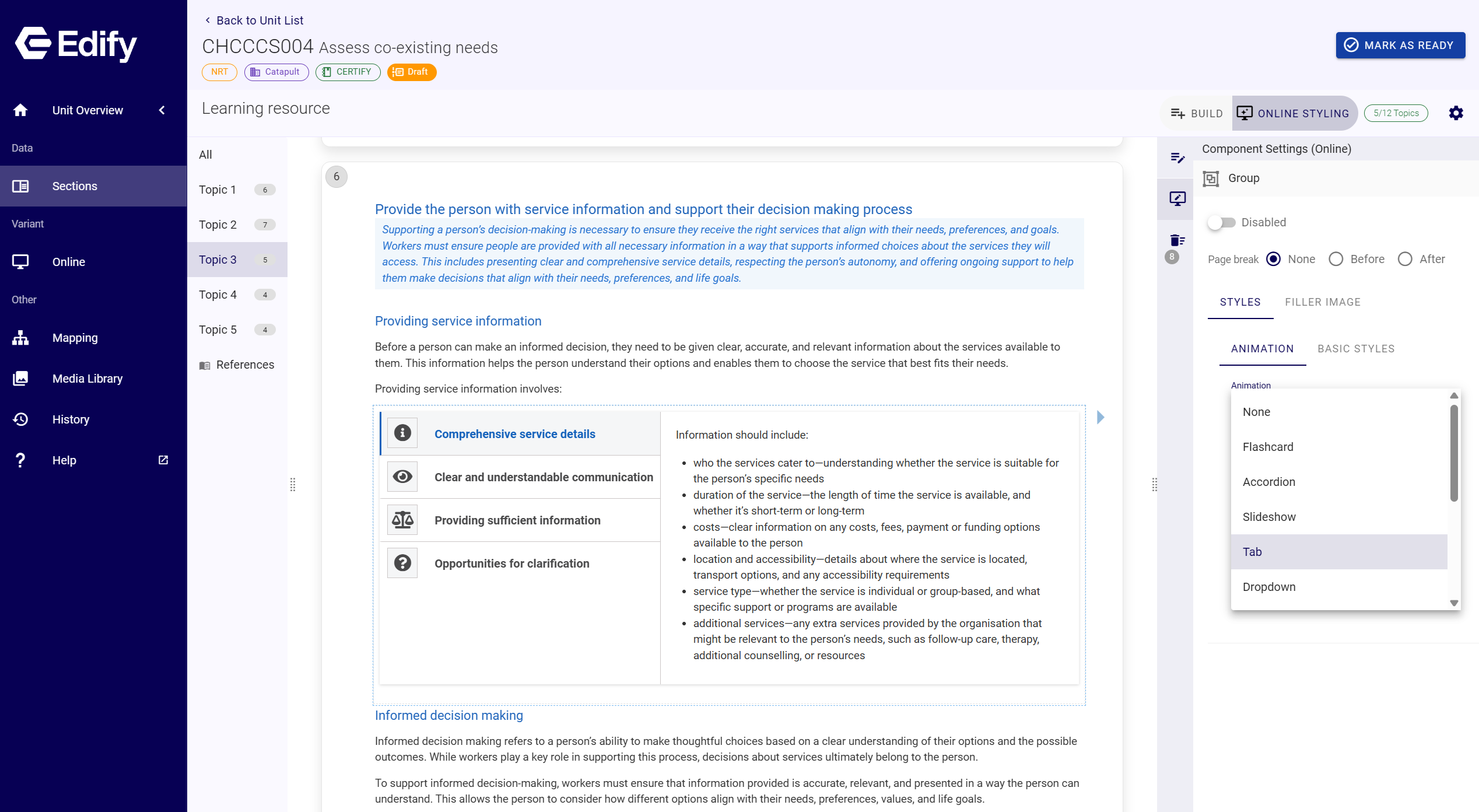 Edify learning resource editor showing content and online styling options.