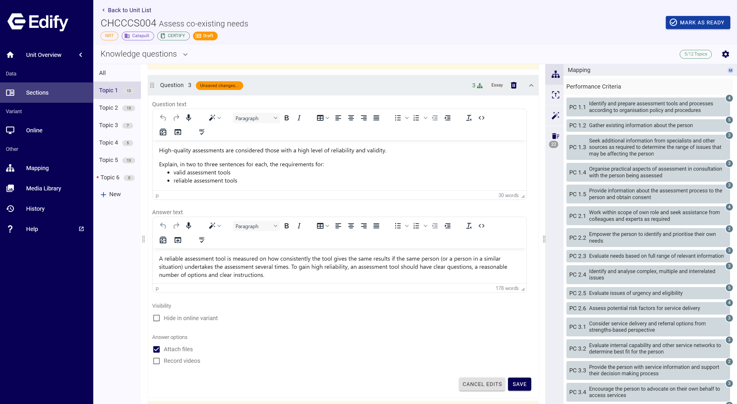 Edify assessment editor showing a knowledge question and its mapping.