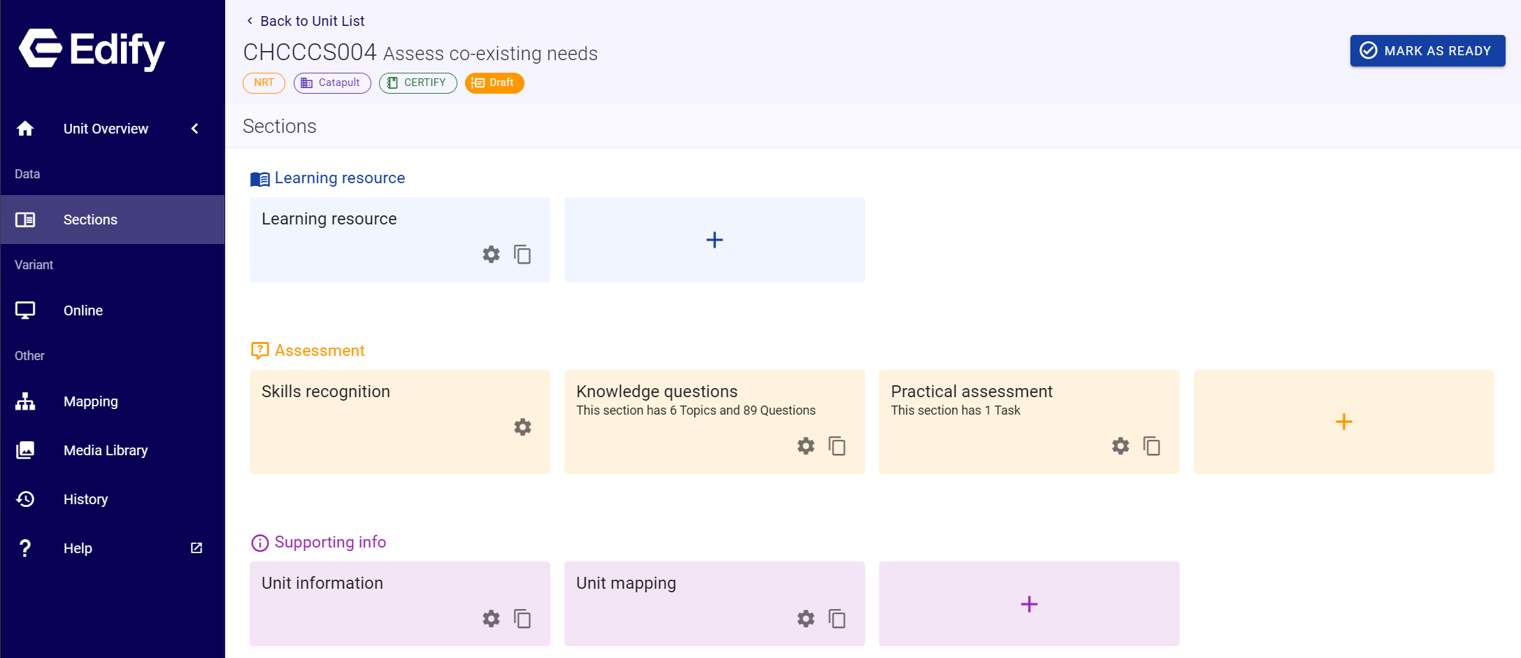 Edify unit overview showing learning, assessment and supporting information sections.
