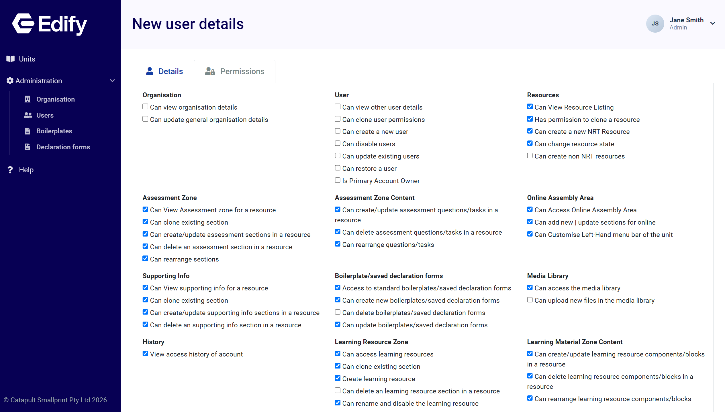 Edify user Permissions tab showing grouped organisation, resource, assessment, online, boilerplate and Media Library permissions.