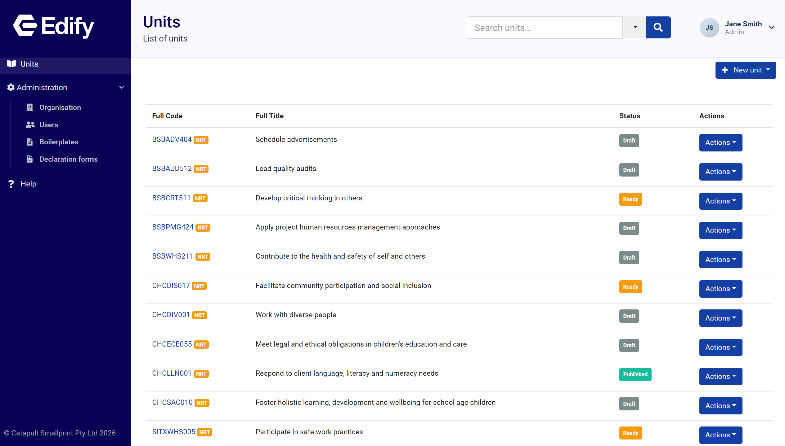 Edify resource list showing Draft, Ready and Published filters and the New unit button.
