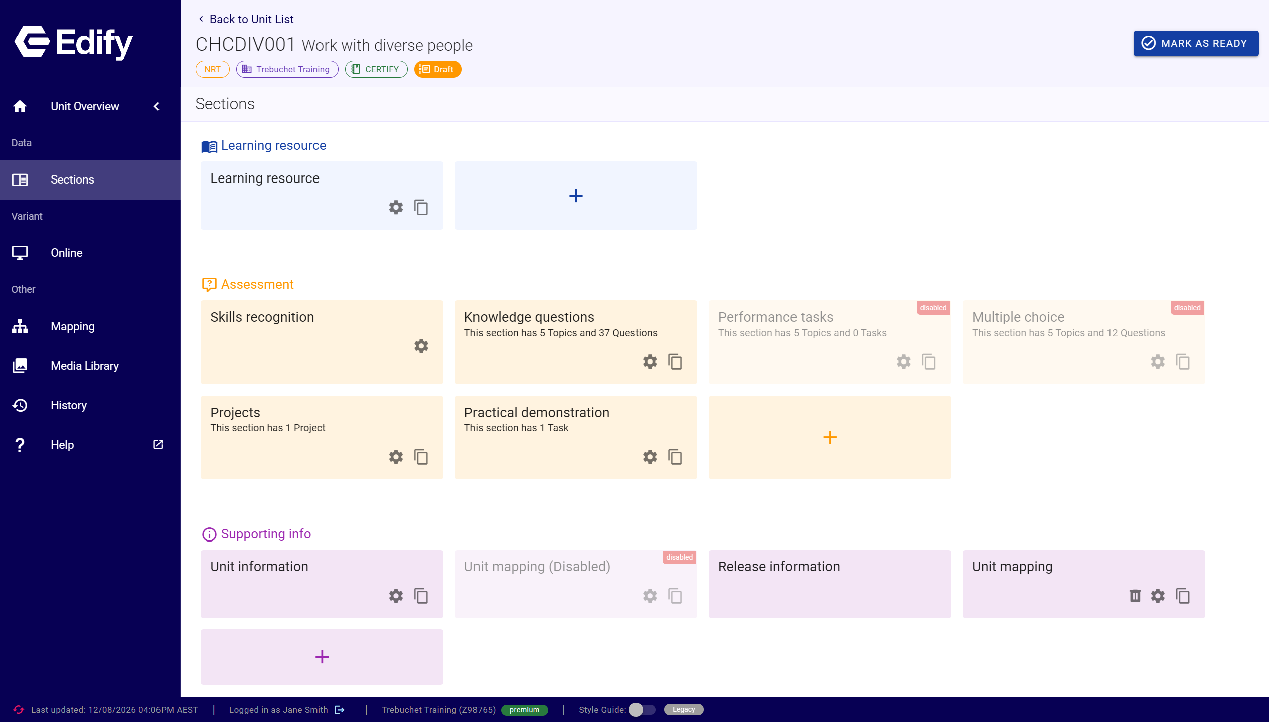 Edify Sections page showing Learning Resource and assessment section cards, including enabled and disabled sections.