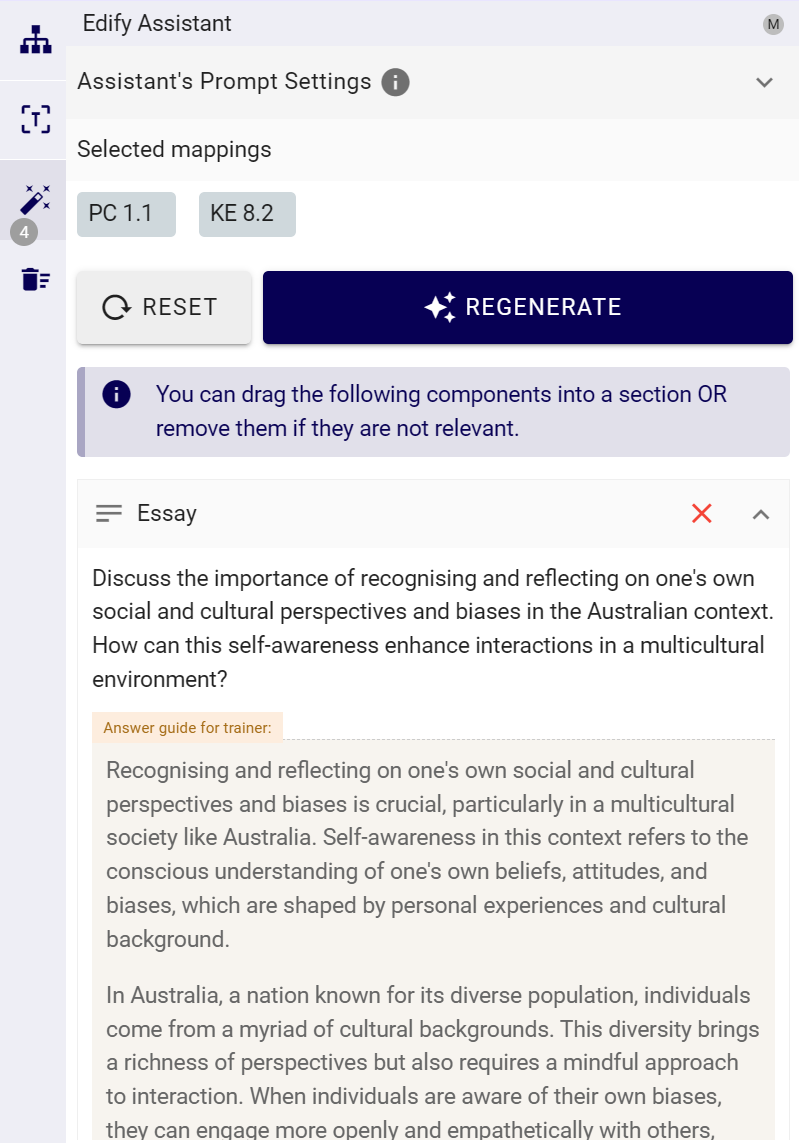 Edify Assistant showing generated Essay suggestions with Reset, Regenerate and remove controls.