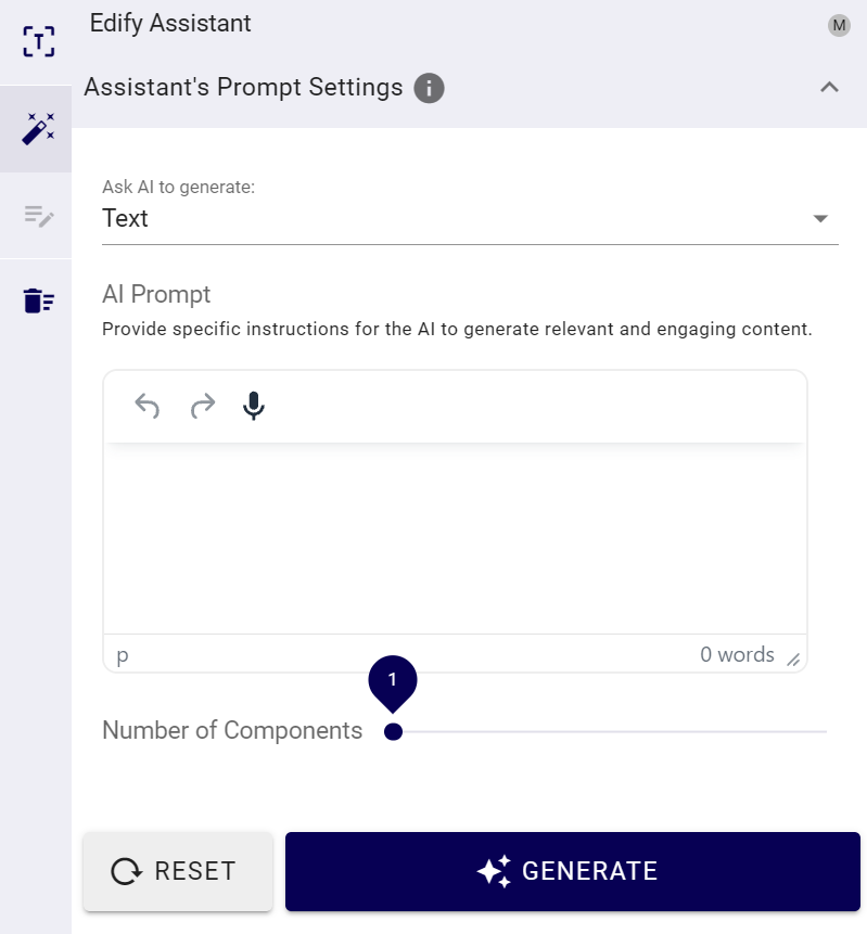 Edify Assistant Learning Resource form showing the content type, AI prompt, number of components and Generate button.