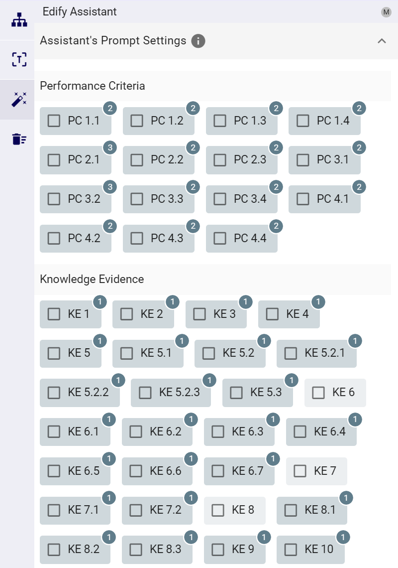 Edify Assistant showing training product elements and performance criteria that can be selected to guide assessment generation.