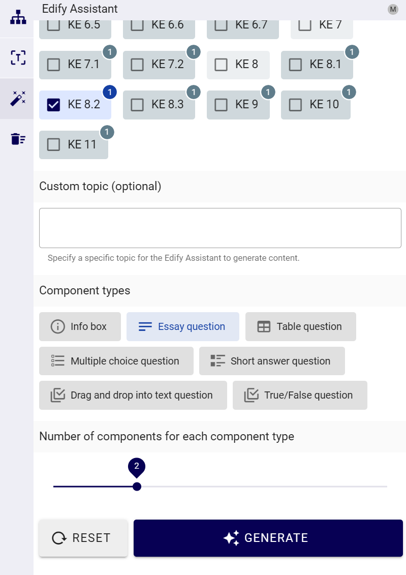 Edify Assistant showing assessment component types, an Essay question selected, the component quantity control and Generate button.
