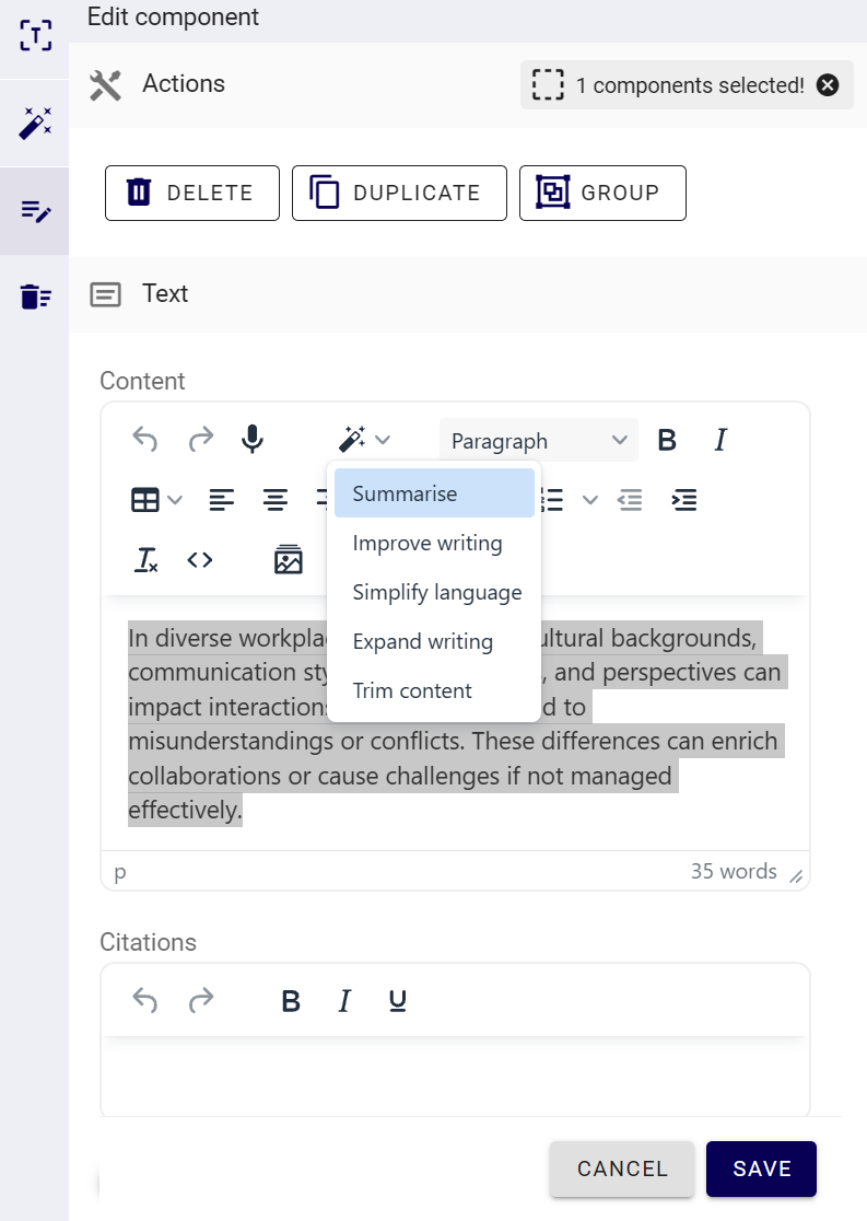 Edify text editor showing selected content and the Summarise, Improve writing, Simplify language, Expand writing and Trim content actions.