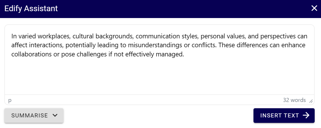 Edify Assistant dialogue showing simplified draft text, the selected refinement action and the Insert Text button.
