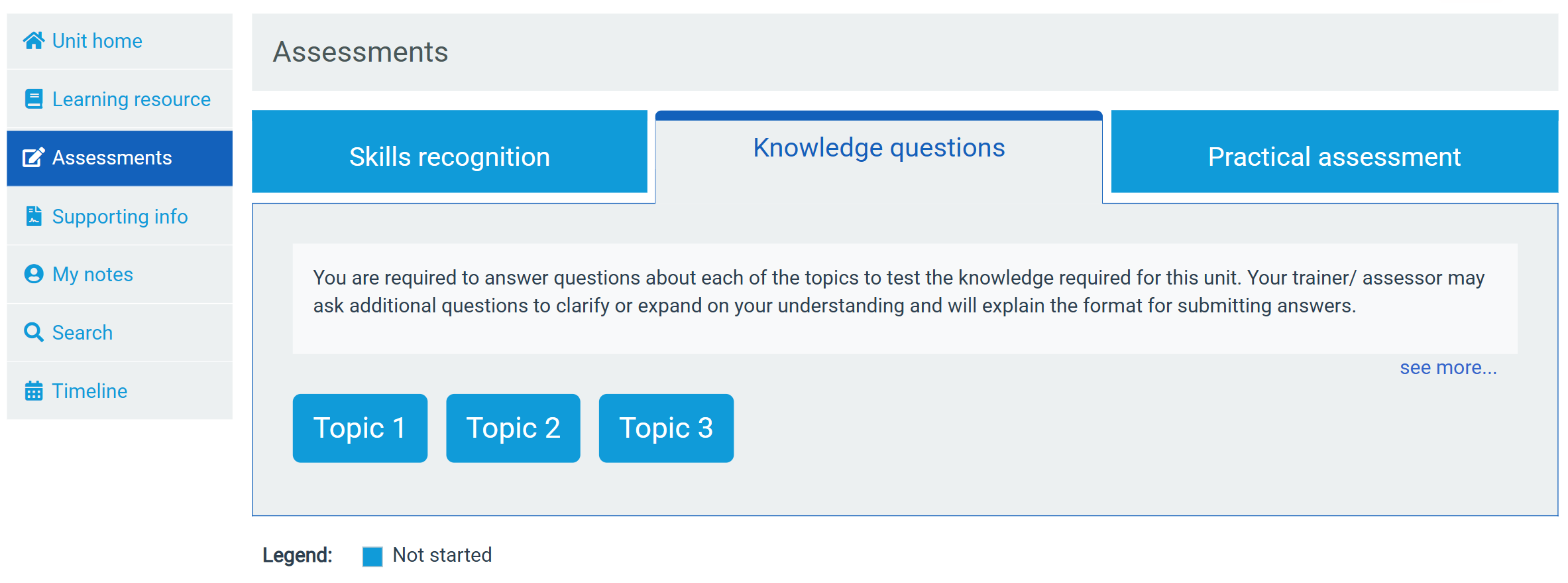 Learner view of the Assessments area, with separate areas for Skills recognition, Knowledge questions and Practical assessment.