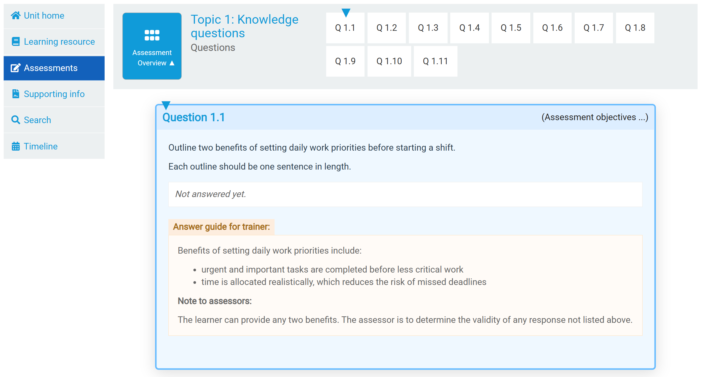 Trainer view of a knowledge question, showing the Answer guide for trainer panel and the note to assessors beneath the question.