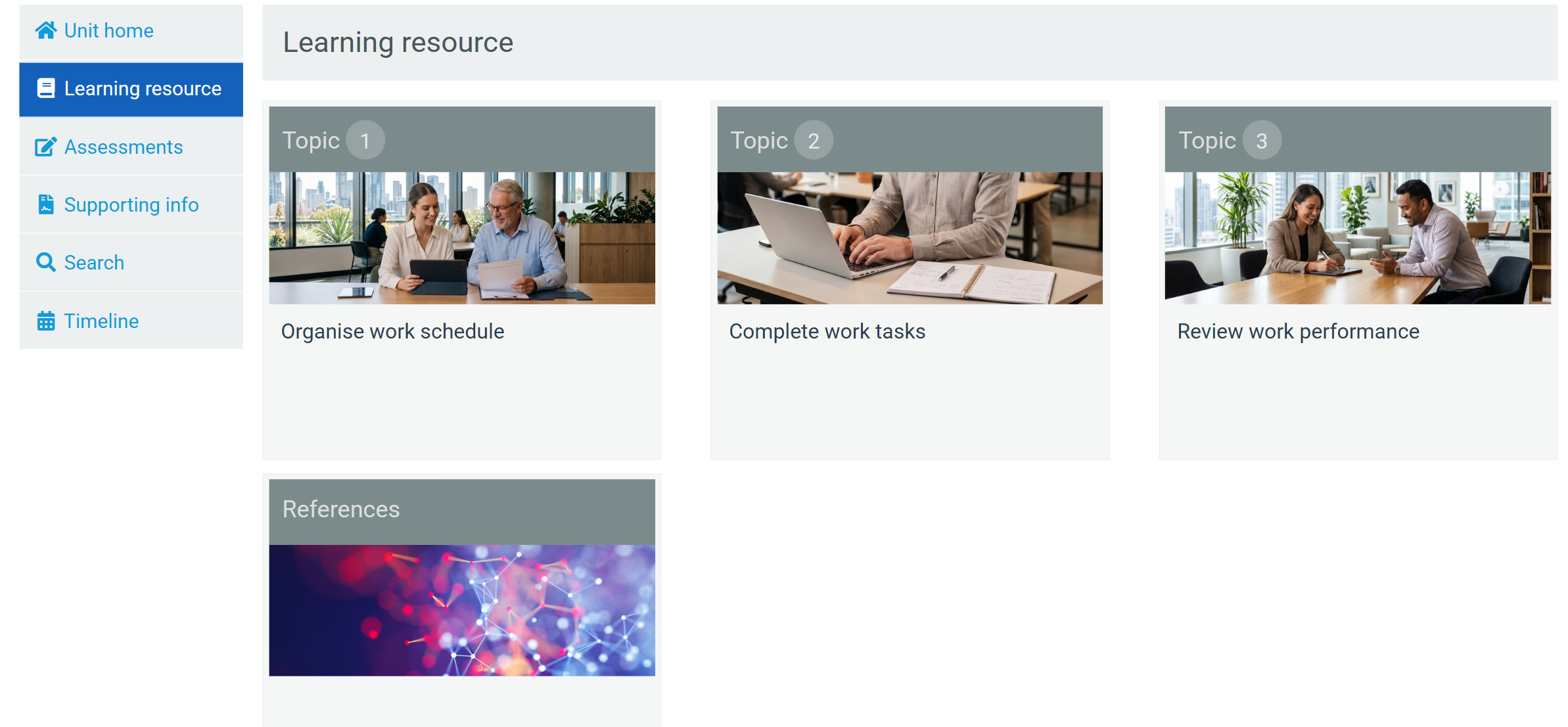 Learner view of the Learning resource contents for an example Certify unit, listing Topic 1 to Topic 3 and References.