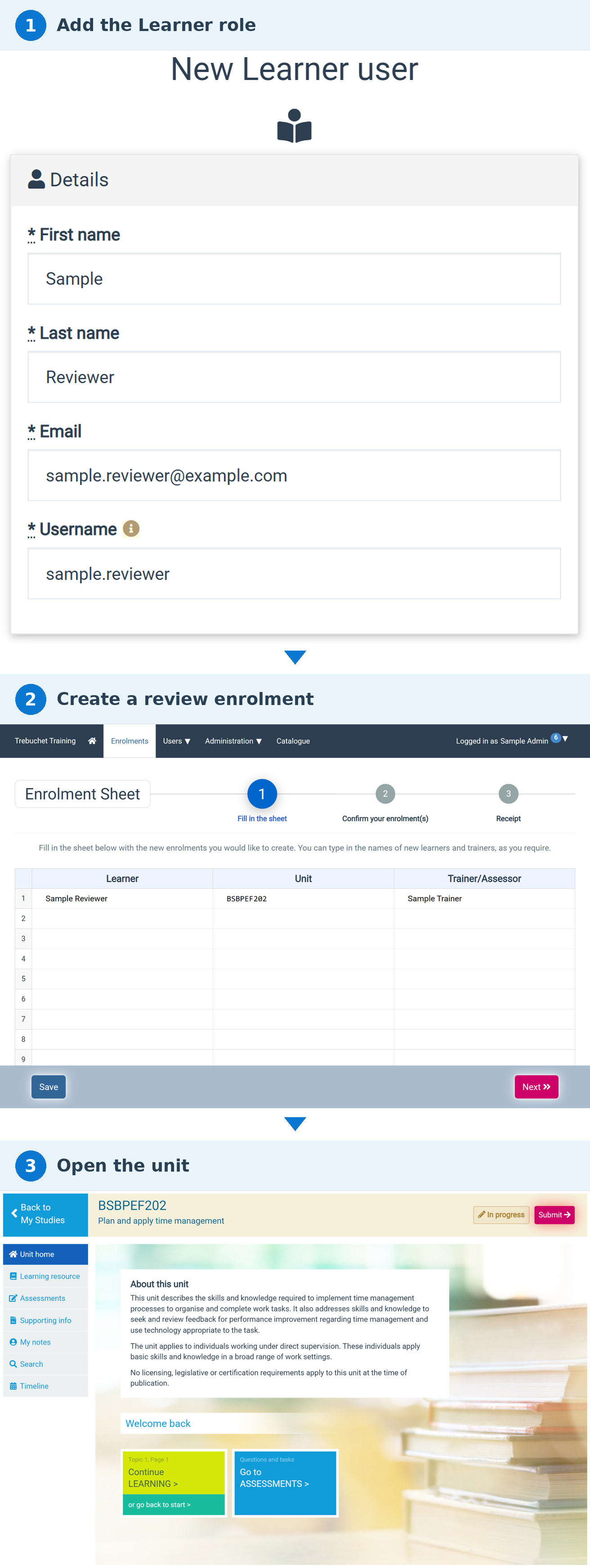 Step 1. The Catapult LMS New Learner user form, completed with synthetic reviewer details. Step 2. The Enrolment Sheet at step 1 of 3, with one row filled in for a sample reviewer, unit and trainer. Step 3. The unit home as the review account sees it, with navigation to the learning resource and assessments.