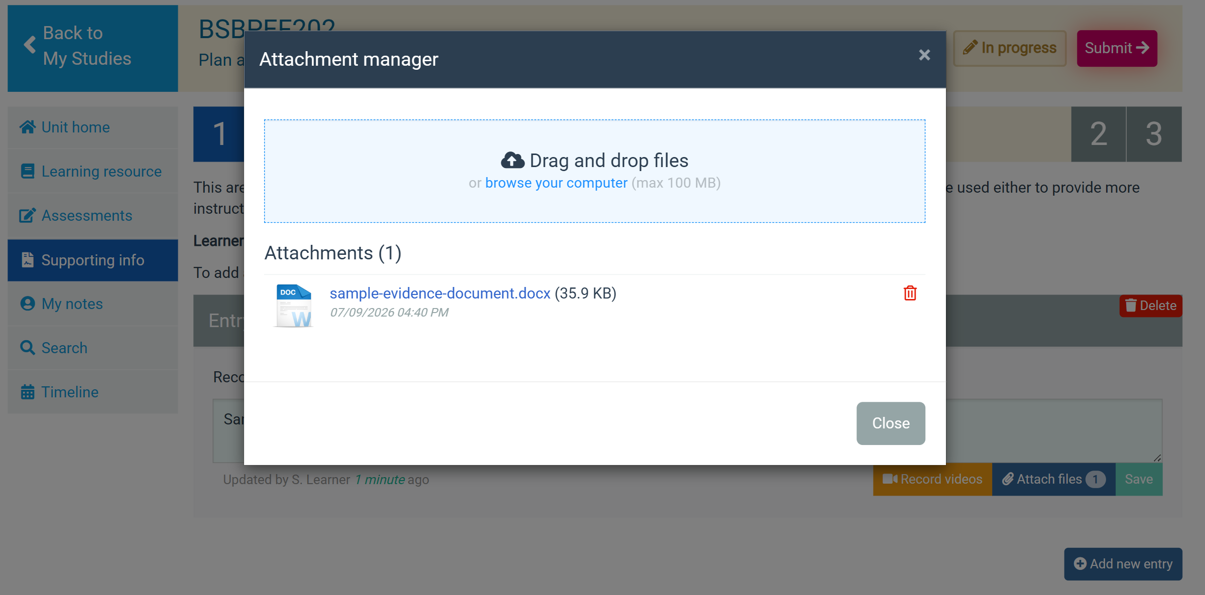 The Attachment manager, showing a drag-and-drop area, a browse control and one attached sample document.