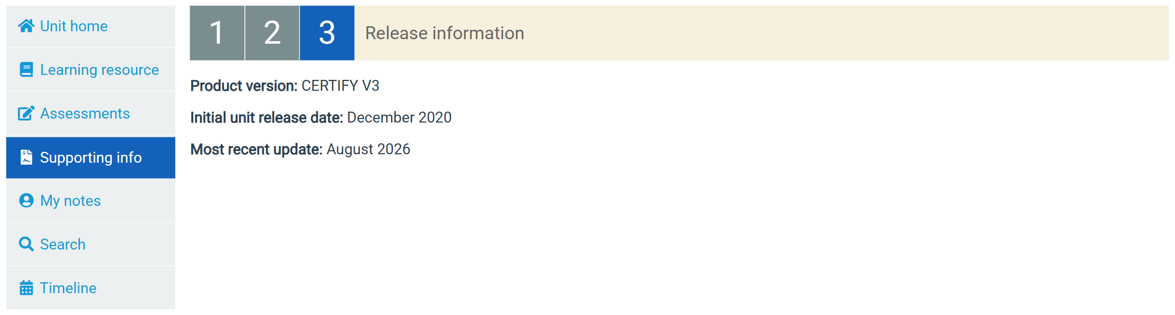 The Release information page in Supporting info, showing the product version, the initial unit release date and the most recent update.